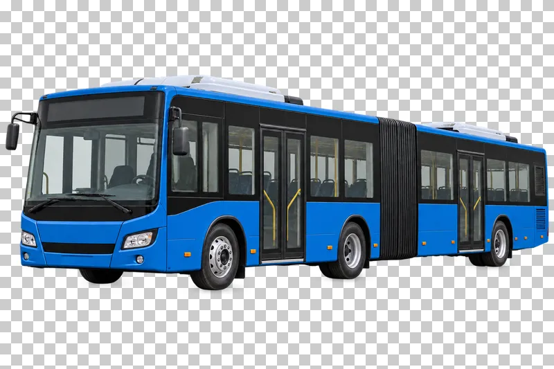 A blue articulated city bus with two sections joined by a bellows.