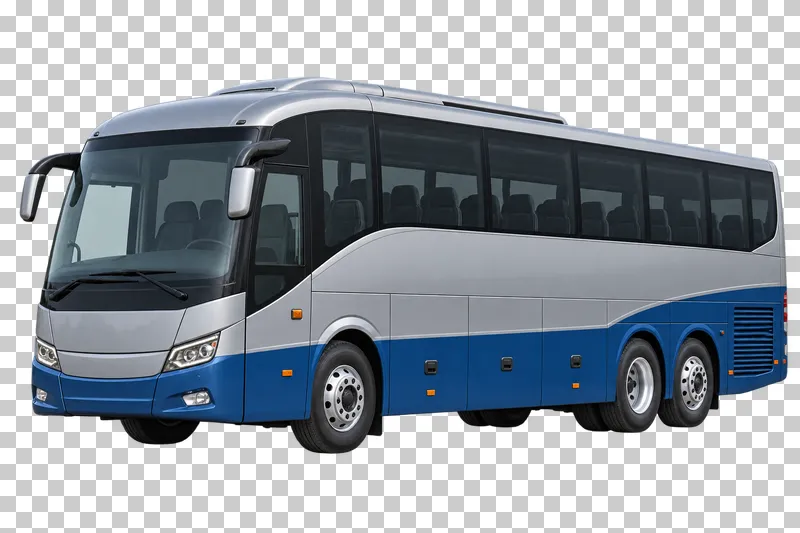 A silver and blue long-distance coach with a high passenger deck.