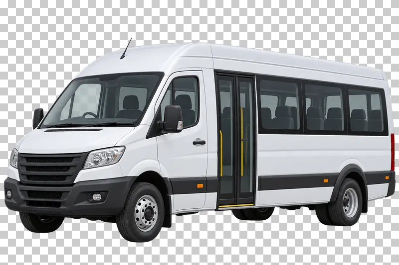A white high-roof shuttle minibus with side windows.