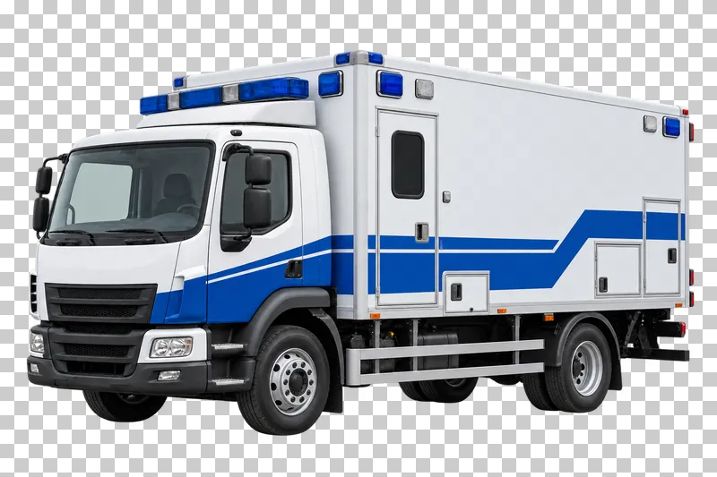 A white box-body ambulance with blue stripes and blue roof lights.