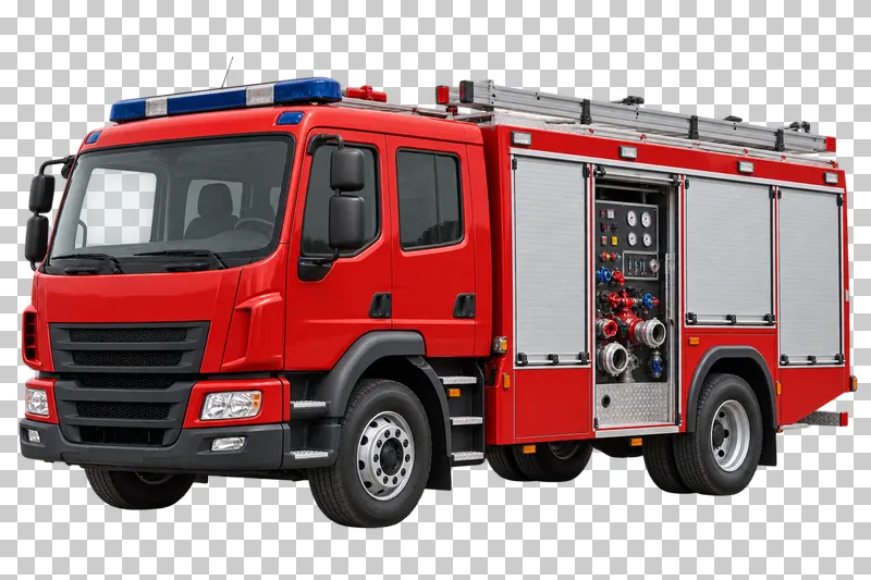 A red fire pumper with silver equipment lockers and a short roof ladder.