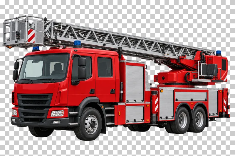 A long red aerial ladder fire truck with a stowed telescopic ladder.