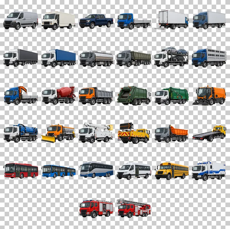 Commercial and Service Vehicles Photo PNG Collection: all 32 elements in one grid