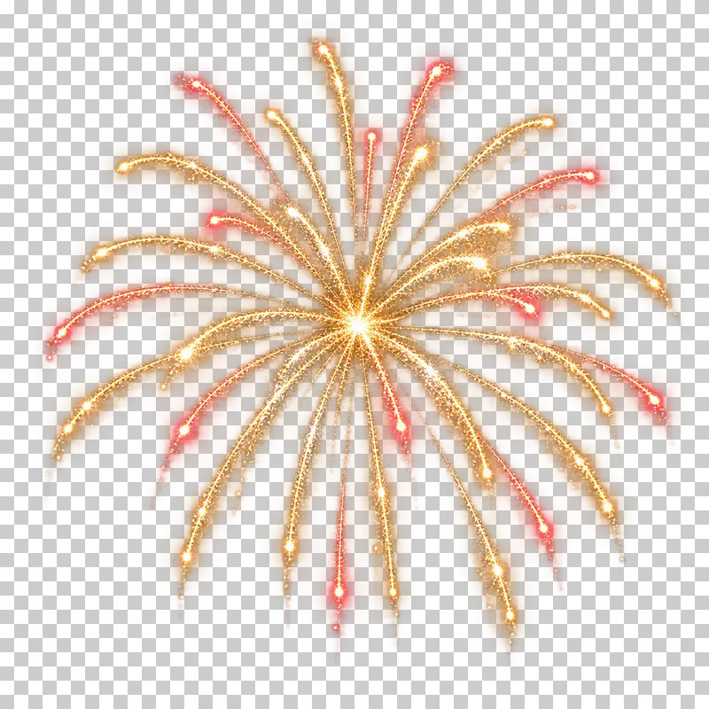 Open firework with widely spaced gold and red light trails.