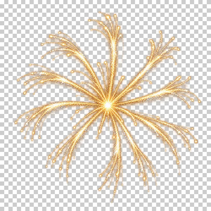 Gold firework with branching ends on its outward trails.