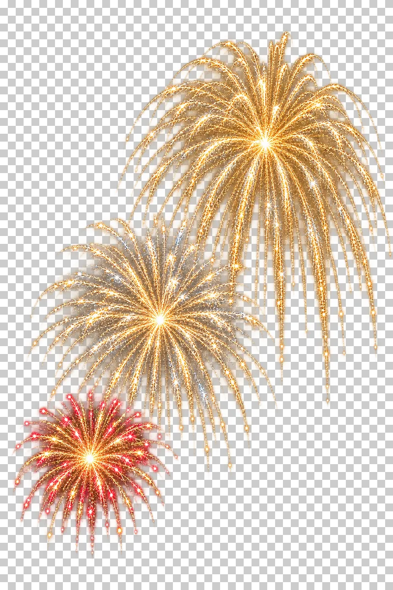 Three red and gold firework bursts ascending diagonally.