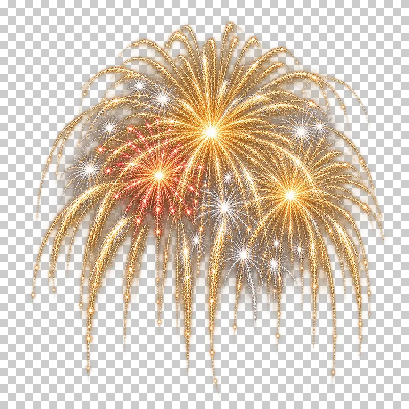 Overlapping gold firework bursts with small red accents.