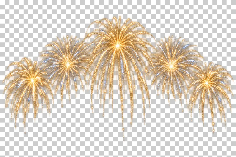 Five gold firework bursts arranged across a broad fan.
