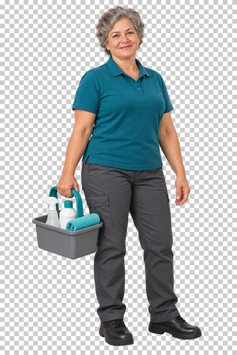 A gray-haired female cleaner in teal workwear carrying a gray supply caddy with bottles and a cloth.