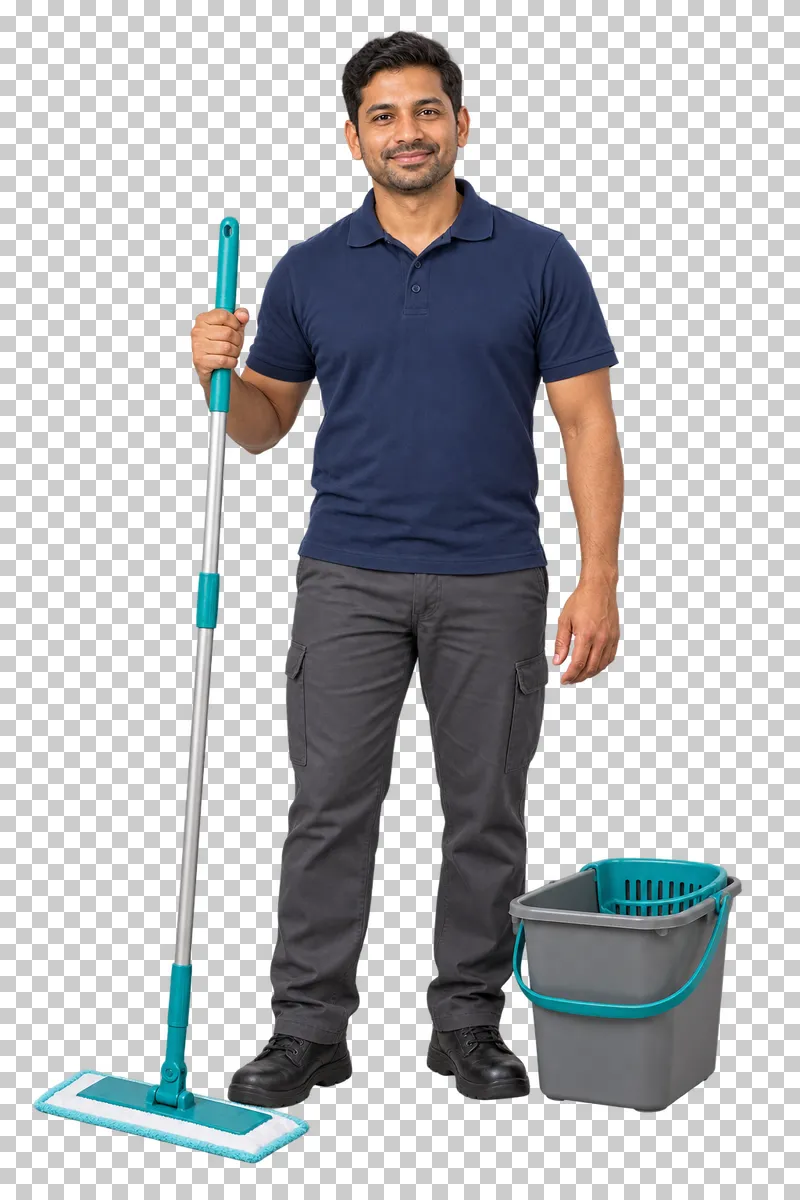 A male cleaner in navy workwear standing with a flat mop beside a gray bucket.