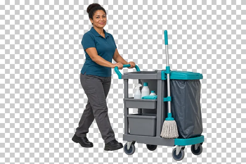 A female janitor in teal workwear pushing a gray cleaning cart with a waste bag and attached mop.