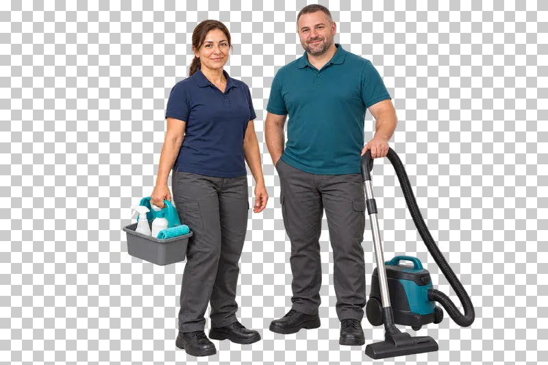 Two cleaning professionals standing together with a supply caddy and a canister vacuum.