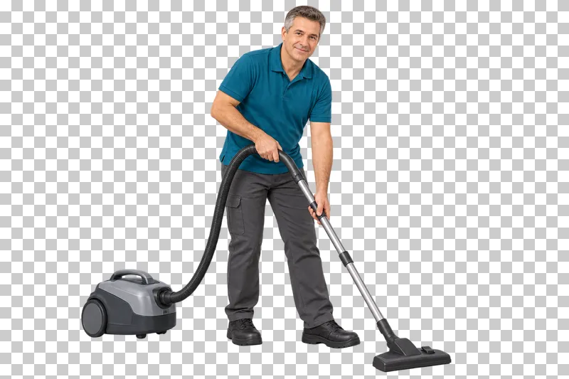 A male cleaner using a canister vacuum with a connected hose, wand, and floor nozzle.