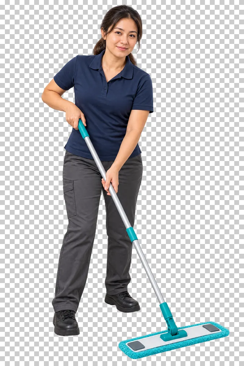 A female cleaner in navy workwear using a flat microfiber mop.