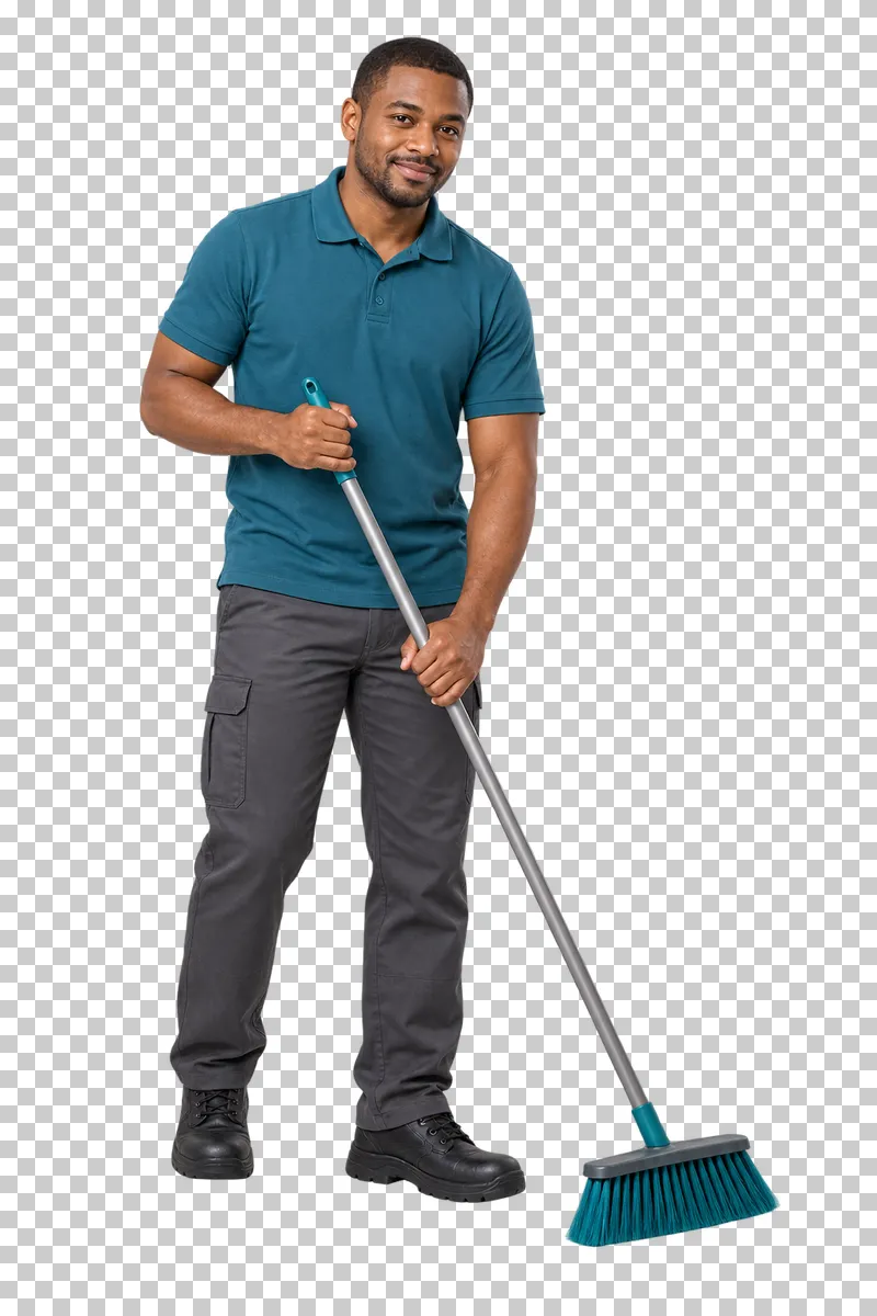 A male cleaner in teal workwear sweeping with a long-handled broom.