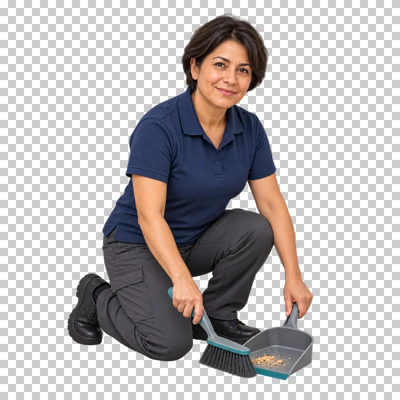 A kneeling female cleaner sweeping crumbs into a dustpan with a small hand brush.