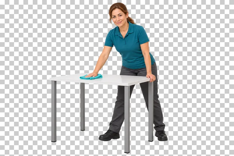 A female cleaner wiping a small freestanding table with a turquoise cloth.