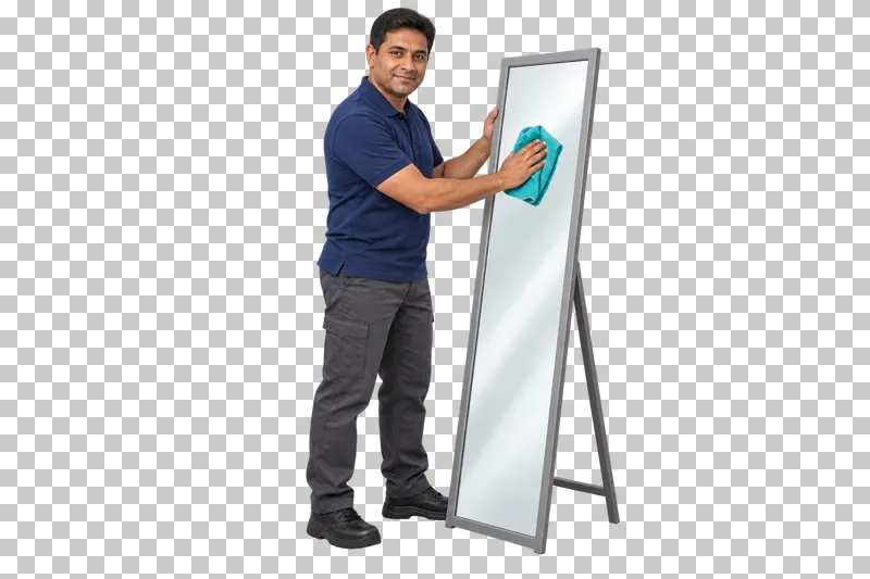 A male cleaner polishing a tall freestanding mirror with a turquoise cloth.