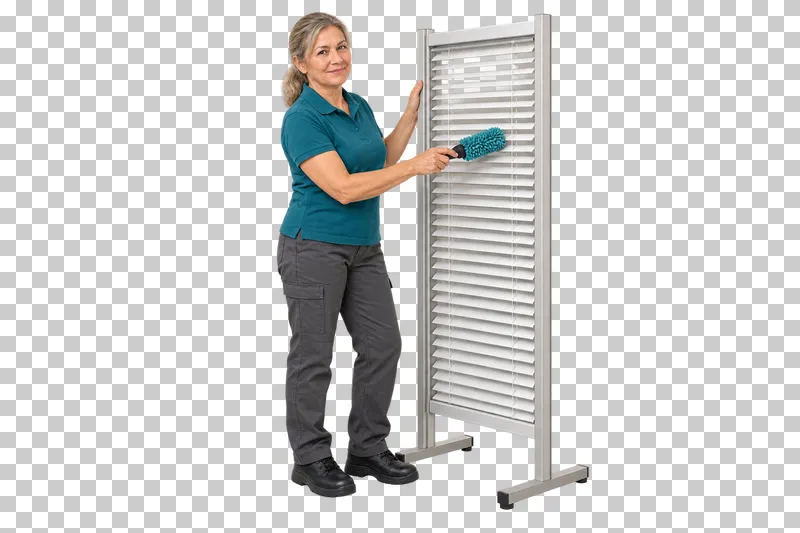 A female cleaner dusting a Venetian blind mounted in a compact supported frame.