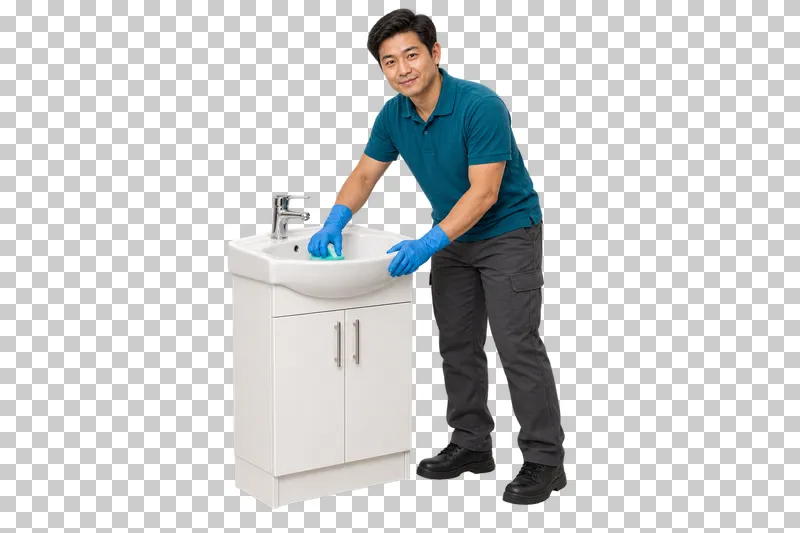 A male cleaner wearing blue gloves and scrubbing a white sink on a small vanity cabinet.