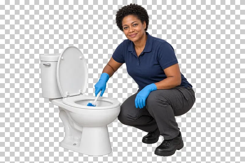 A crouching female cleaner wearing blue gloves and cleaning a white toilet with a brush.