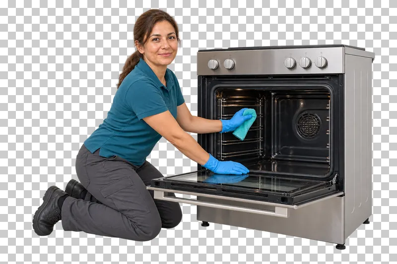 A kneeling female cleaner wiping the interior of an open freestanding oven.