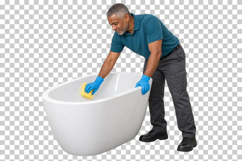 A male cleaner wearing blue gloves and scrubbing the inside of a white freestanding bathtub.