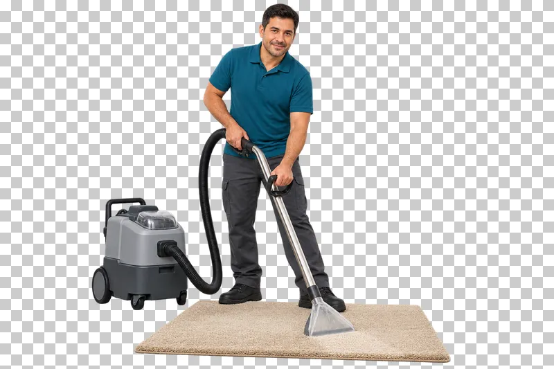 A male cleaner using an extraction wand on a small beige rug beside a connected cleaning unit.