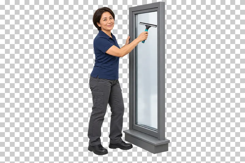 A female window cleaner using a squeegee on a complete upright framed pane.