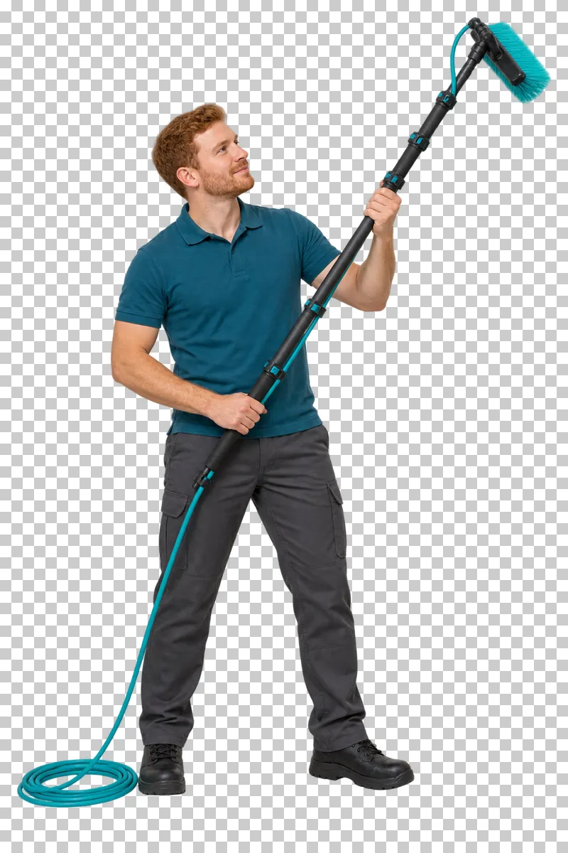 A male window cleaner holding a water-fed telescopic brush pole with a coiled supply tube.