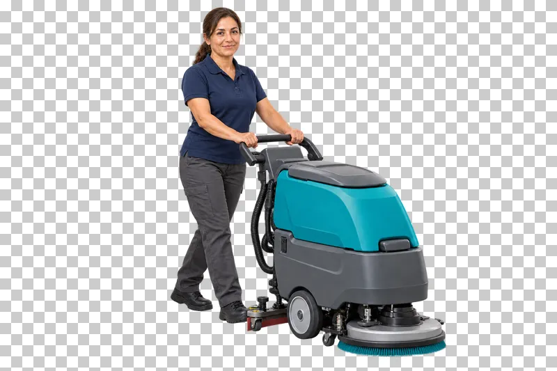 A female cleaning professional operating a compact gray and turquoise walk-behind floor scrubber.