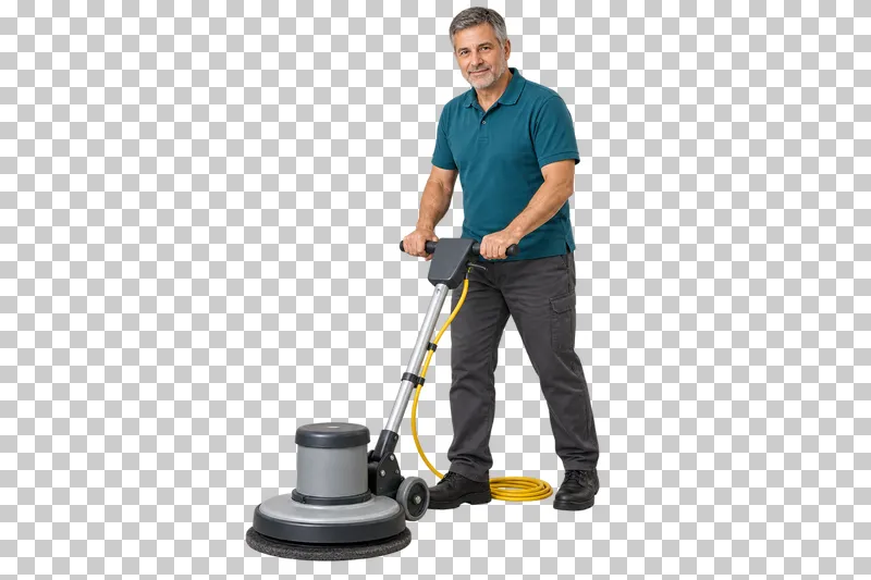 A male cleaner operating a single-disc floor machine with a neatly coiled power cable.