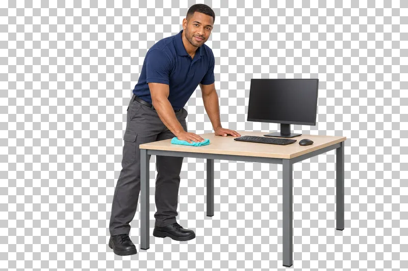 A male cleaner wiping an office desk with a monitor, keyboard, and mouse.