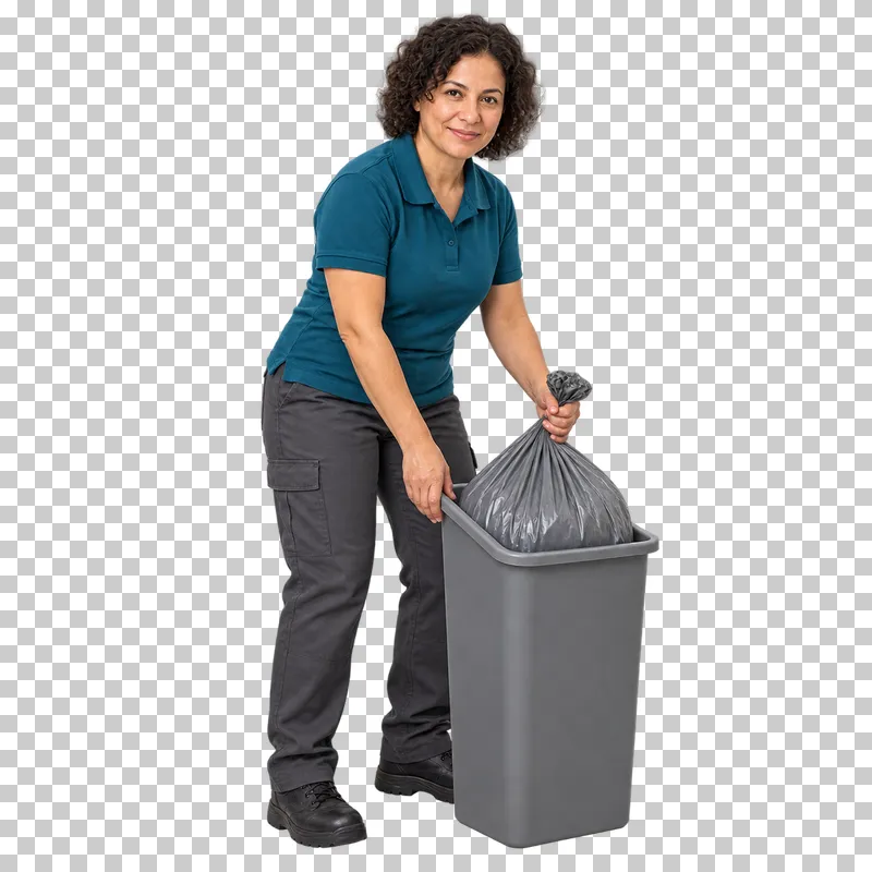 A female cleaner removing a tied gray waste liner from an open gray bin.