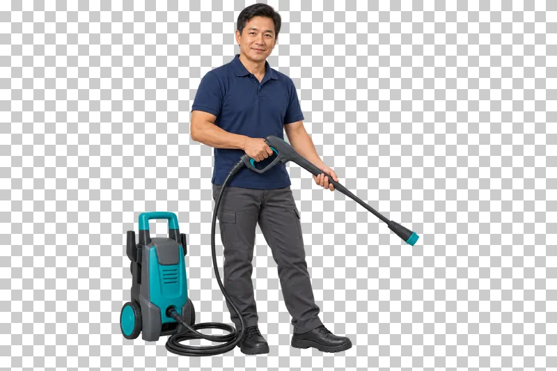 A male cleaning professional holding a pressure-washer lance beside its unit and connected hose.