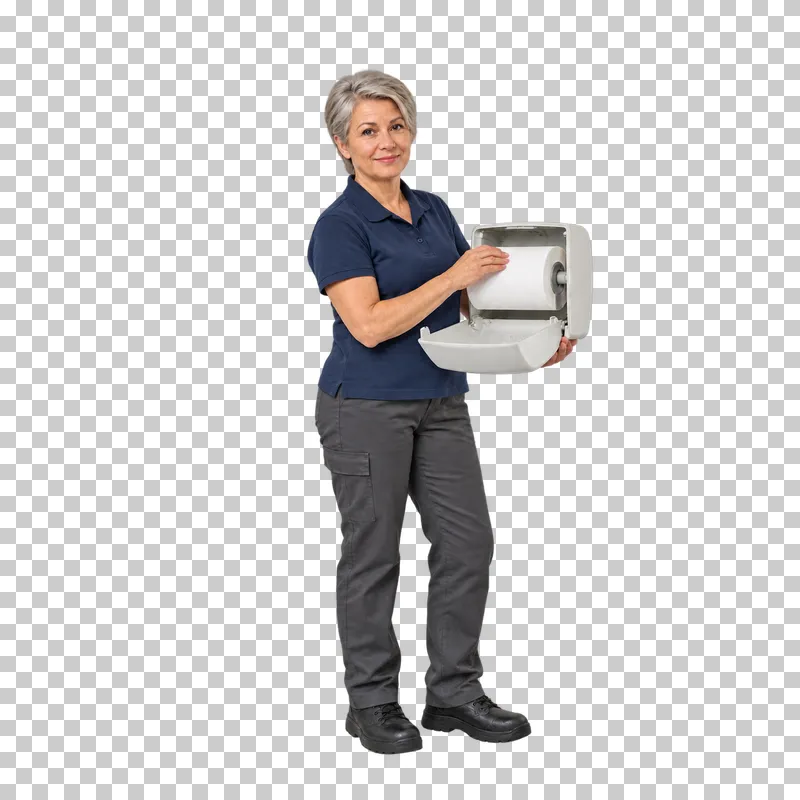 A gray-haired female cleaner placing a paper roll inside an opened white towel dispenser.