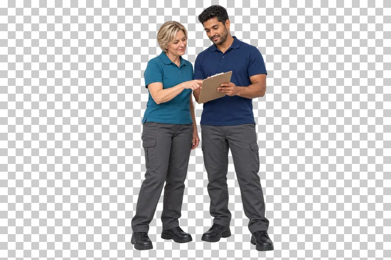 Two cleaning professionals reviewing a clipboard together, with one person pointing at the task list.