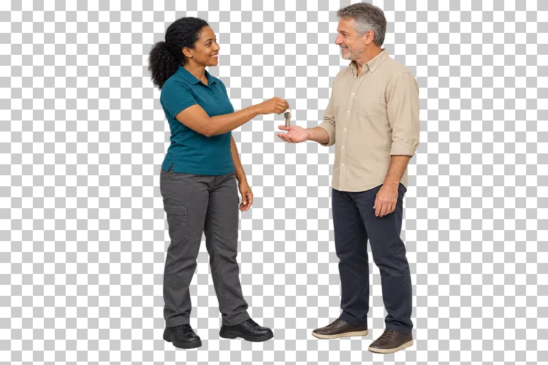 A female cleaner in teal workwear returning a small keyring to a male customer.