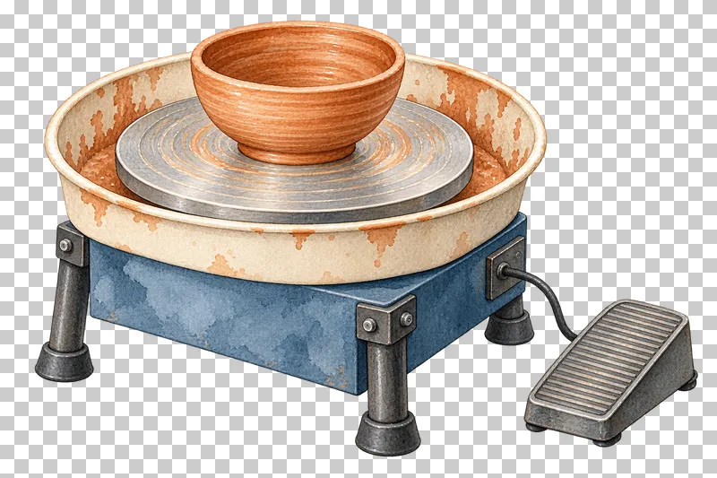 A blue electric pottery wheel with an unfired bowl, splash pan, metal legs and connected foot pedal.