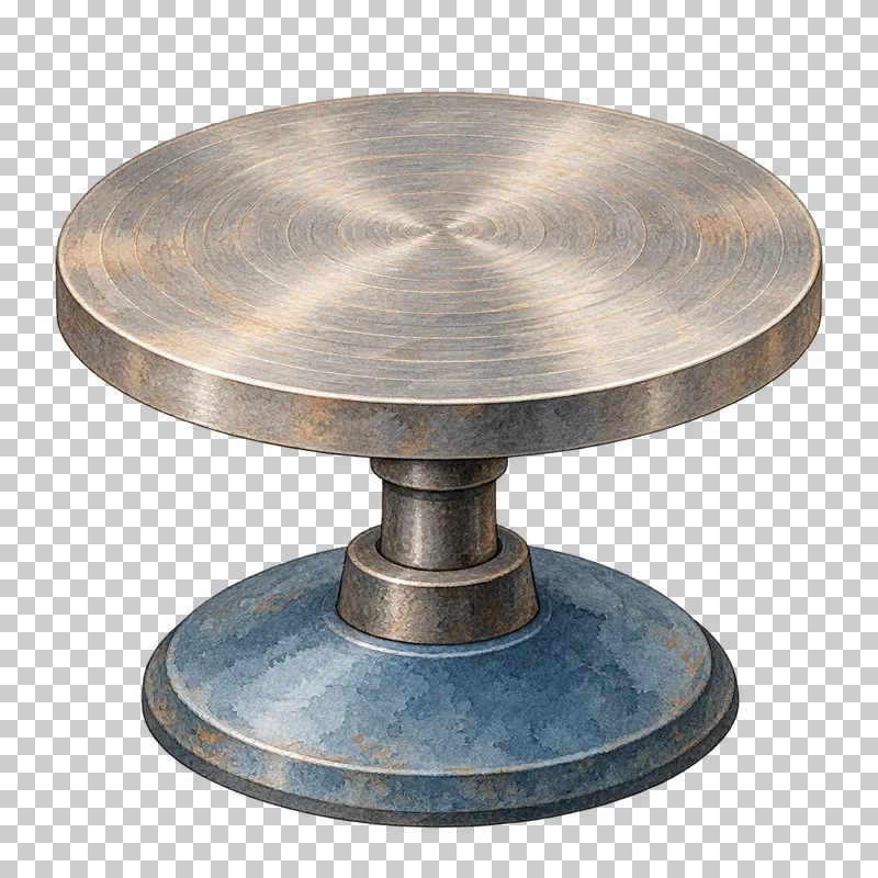 A bare round metal banding wheel on a short spindle and broad blue base.