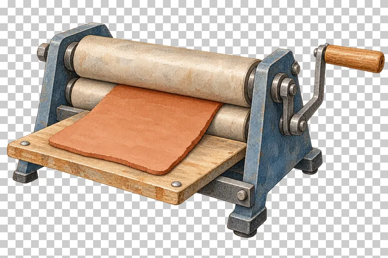 A compact blue tabletop slab roller with two rollers, a hand crank and a clay slab.