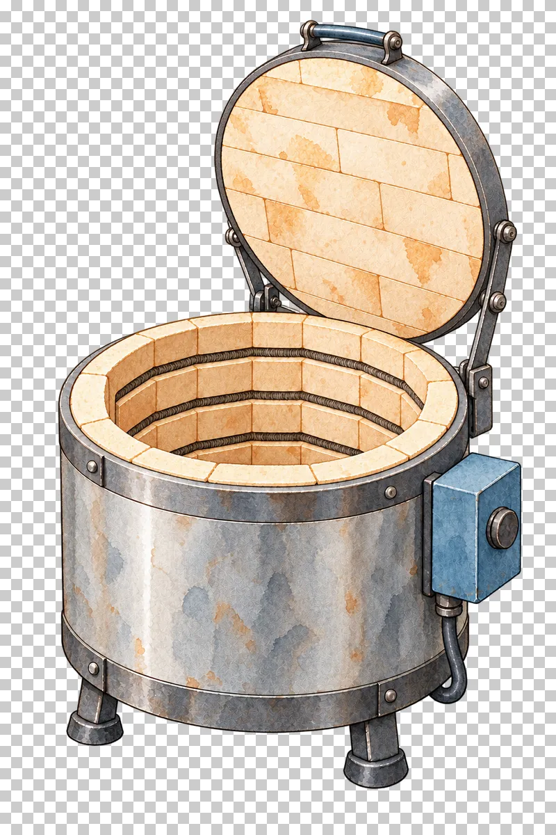 An open round electric kiln with a circular raised lid, firebrick chamber, element coils and blue controller.