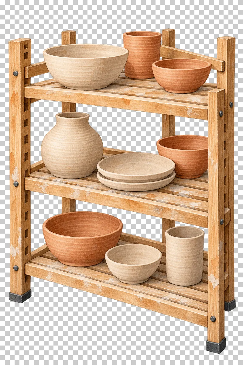 A wooden three-shelf studio drying rack holding unglazed pottery forms.
