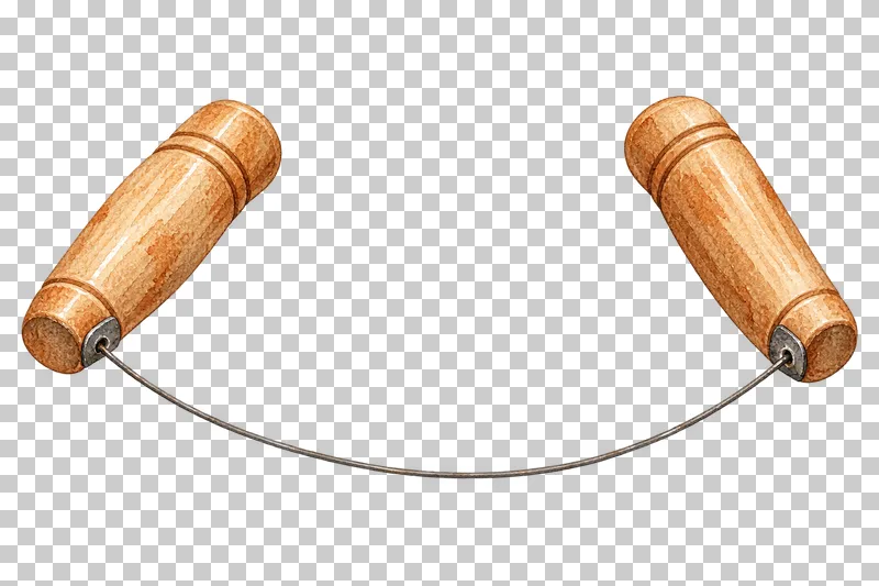 A fine clay cutting wire connecting two separate wooden handles.