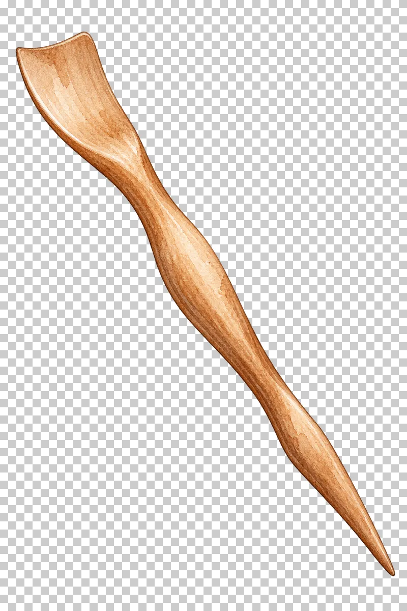 A double-ended wooden modeling tool with a curved spatula and pointed working end.