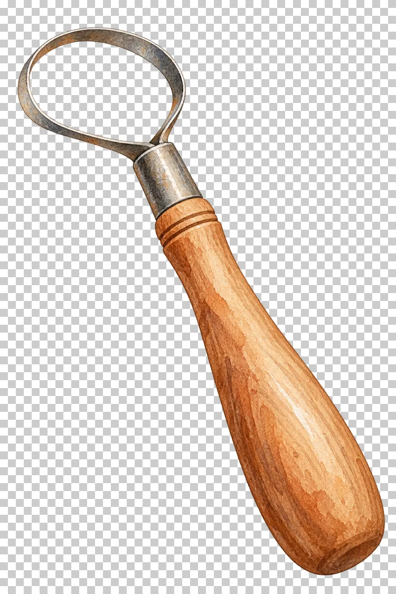 A wooden-handled trimming tool with a complete open metal loop.