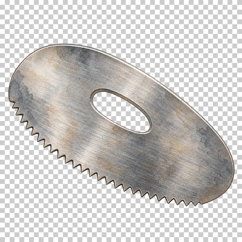 A thin serrated metal pottery rib with a grip opening.