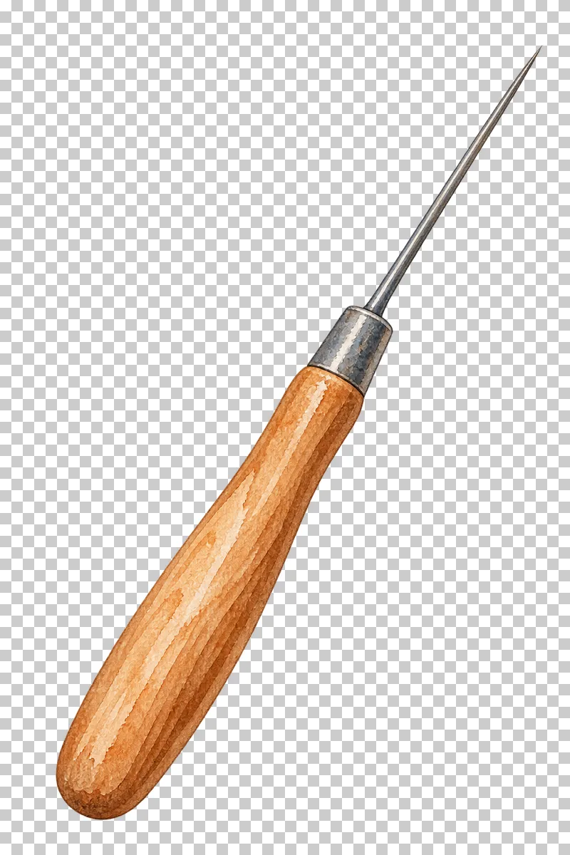 A fine steel pottery needle with a short wooden handle.