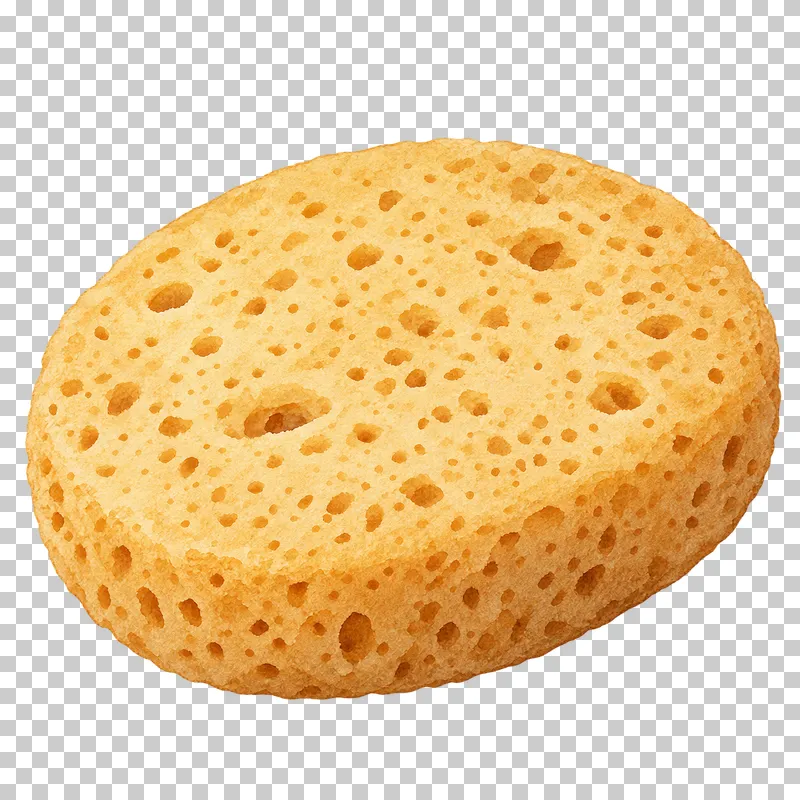A round ochre synthetic pottery sponge with a porous surface.