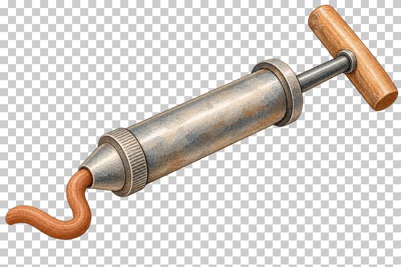 A handheld metal clay extruder with a wooden T handle and a short emerging clay coil.